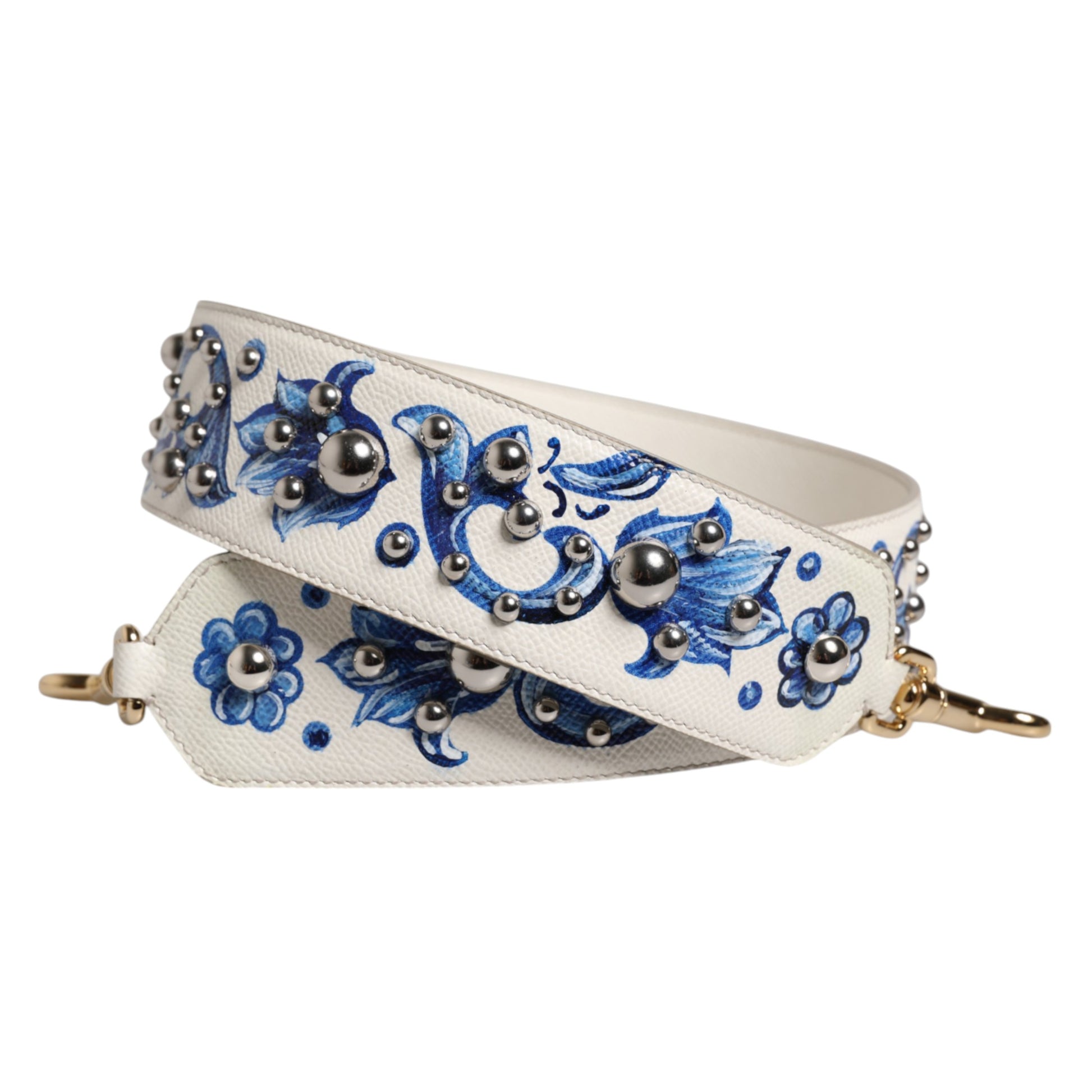 Dolce & Gabbana Weißes blaues geblümtes Leder Nieten Accessoire Schulterriemen