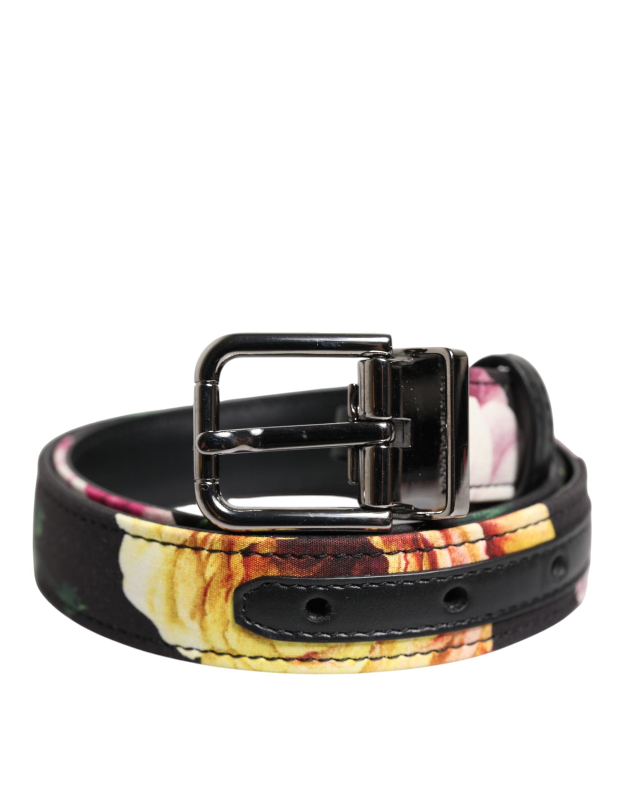 Dolce & Gabbana Schwarzer floraler Brokatgürtel mit silberner Metallschnalle
