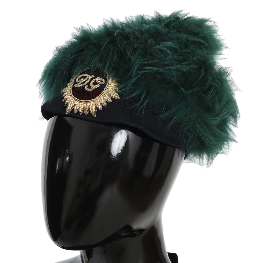 Dolce & Gabbana Grüner Pelz DG Logo bestickt Cloche Hut