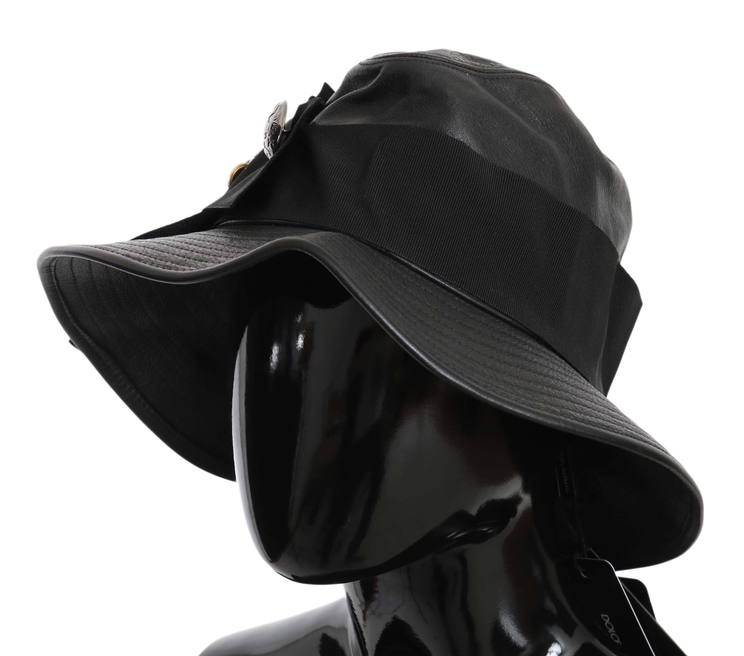 Dolce & Gabbana Schwarzes Leder DG Münze Kristall breite Krempe Hut