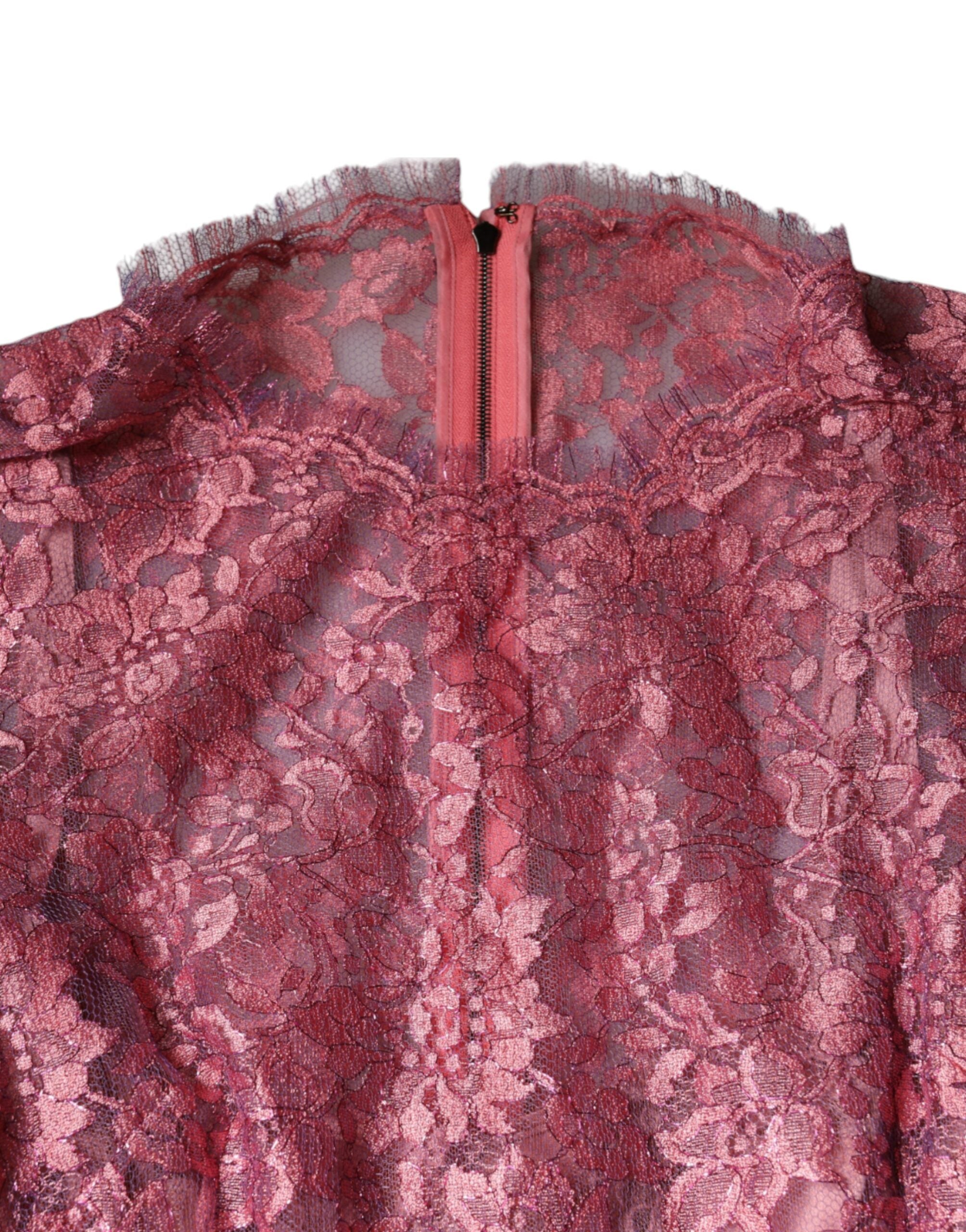 Dolce & Gabbana Rosa geblümtes langärmeliges Midikleid aus Spitze