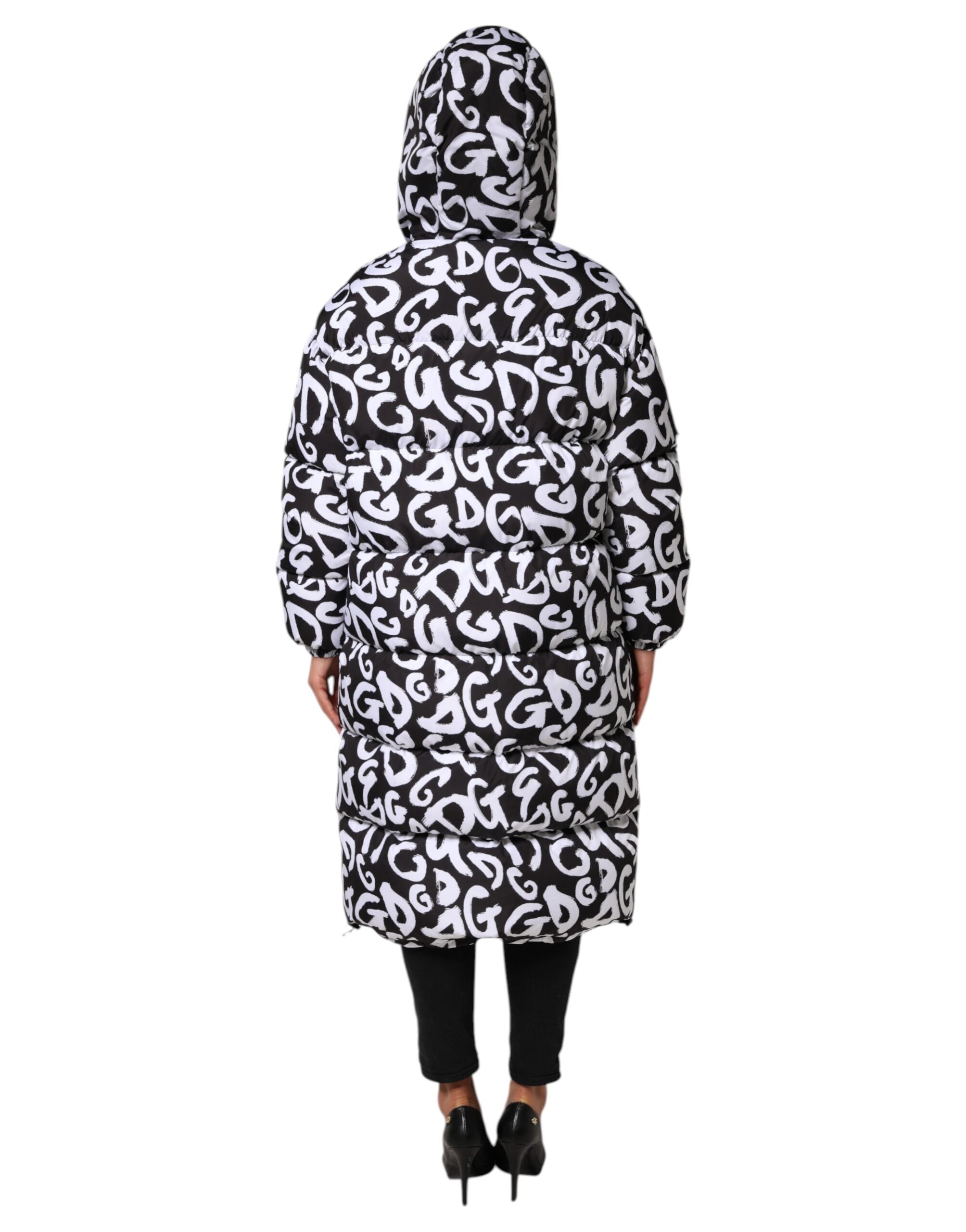 Dolce & Gabbana Schwarz Weiß DG Mania Langer Mantel mit Kapuze Jacke