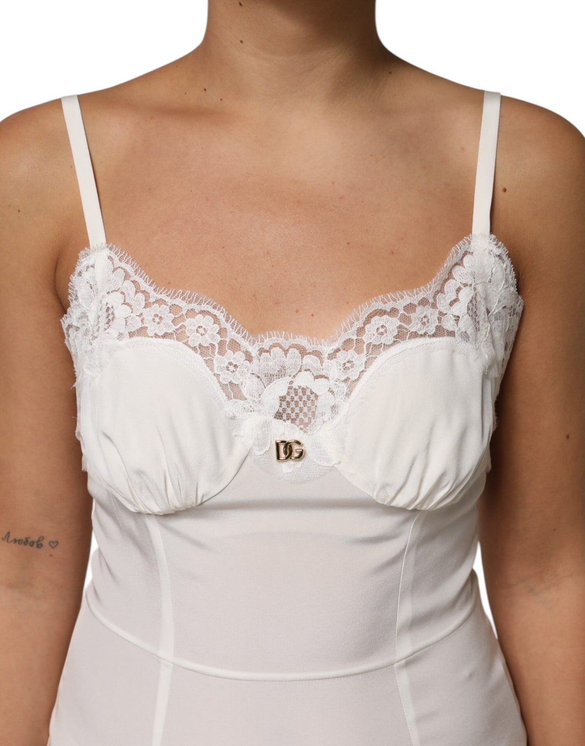 Dolce & Gabbana Witte Kanten DG Logo Zijden Jurk Nachtkleding