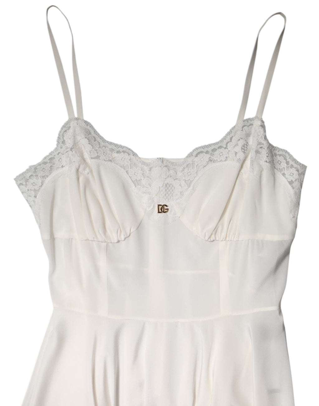 Dolce & Gabbana Weißes Spitzenkleid mit goldenem DG-Logo aus Seide Nachtwäsche