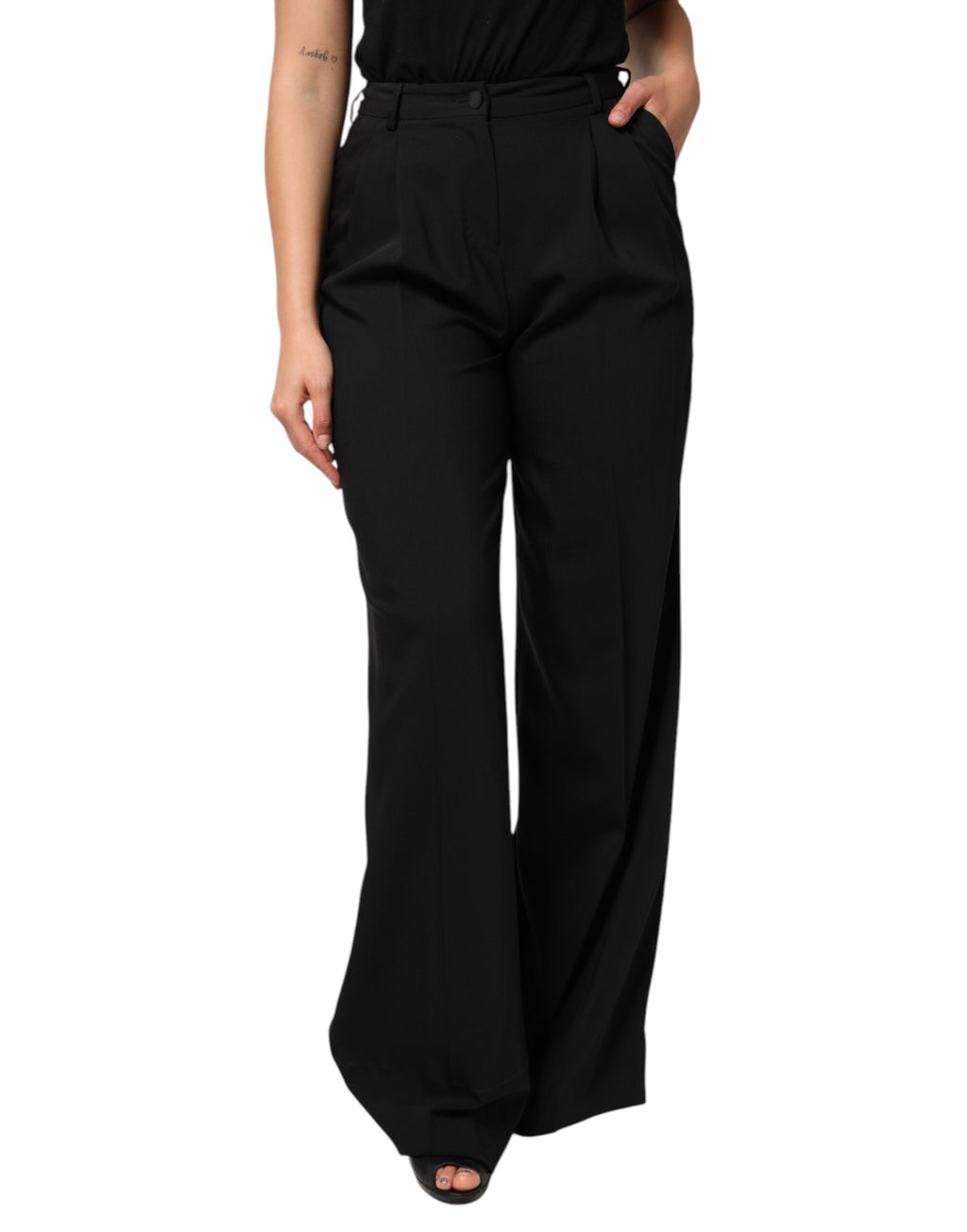 Dolce & Gabbana Schwarze Hose mit weitem Bein und hoher Taille aus Wolle