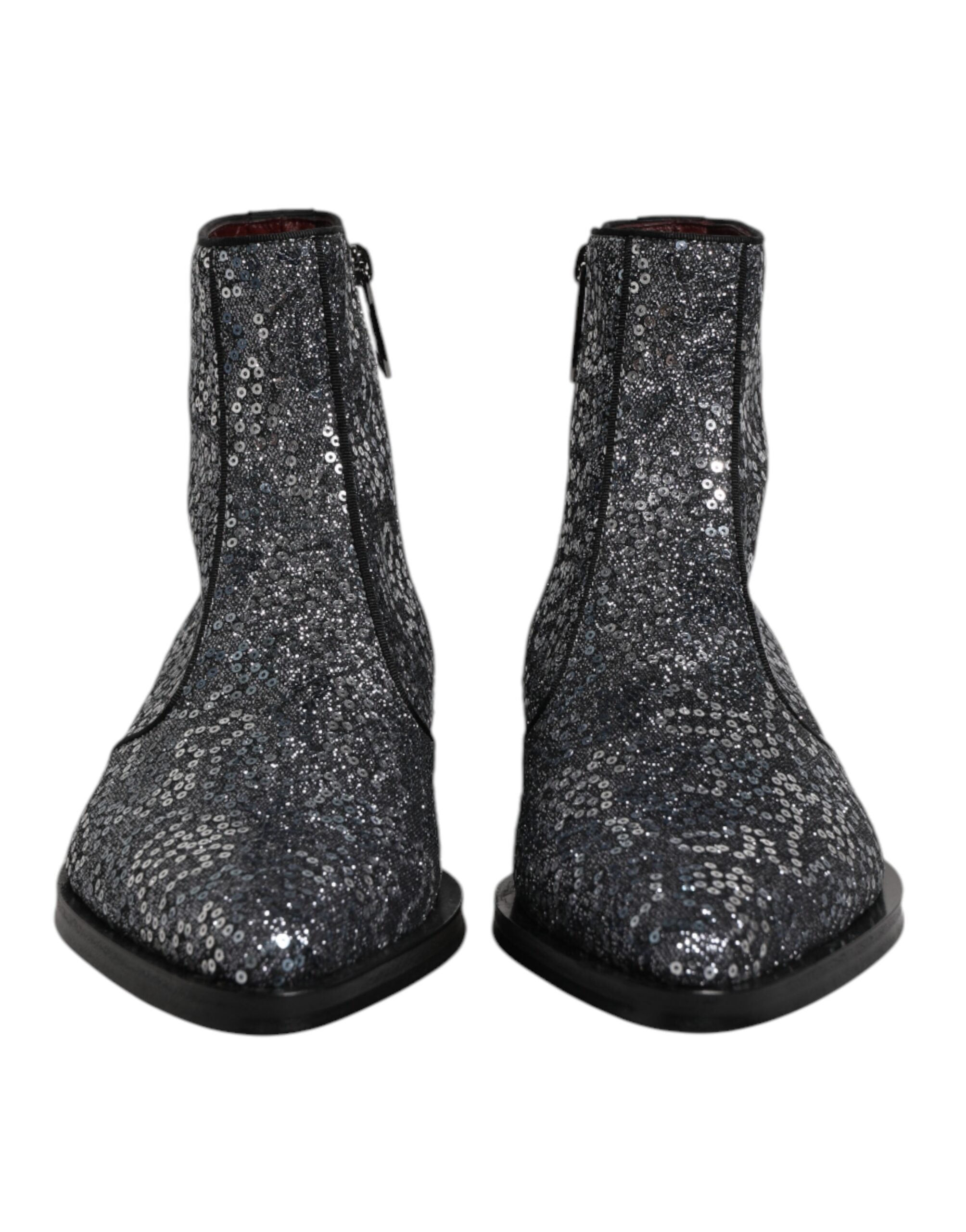 Dolce & Gabbana Dunkelgraue Baumwolle Pailletten Chelsea Boots Schuhe