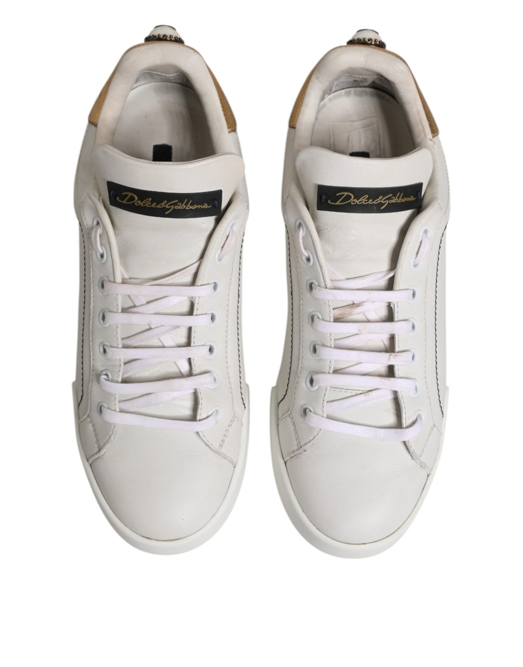 Dolce & Gabbana Weiß Gold Leder Low Top Sneakers Schuhe