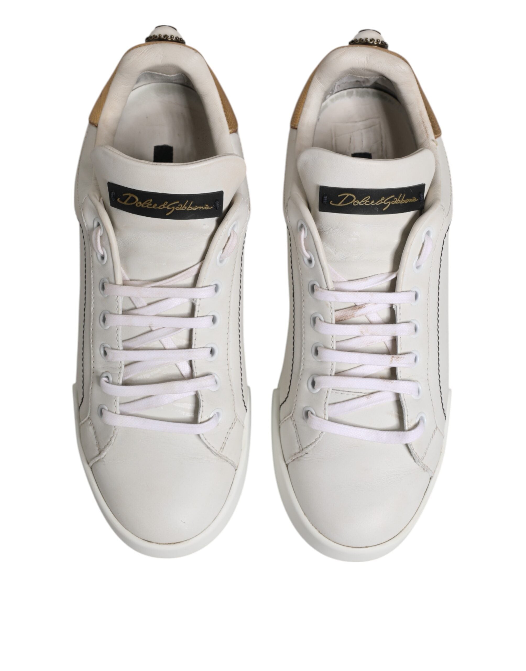 Dolce & Gabbana Weiß Gold Leder Low Top Sneakers Schuhe