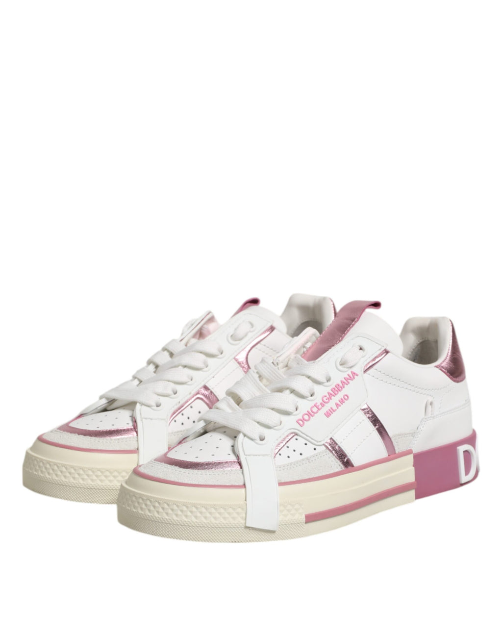Dolce & Gabbana Weiß Rosa Leder Low Top Turnschuhe Schuhe