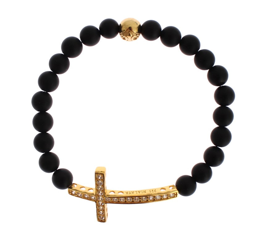 Nialaya Mattes Onyx Stein Gold CZ Kreuz 925 Silber Armband