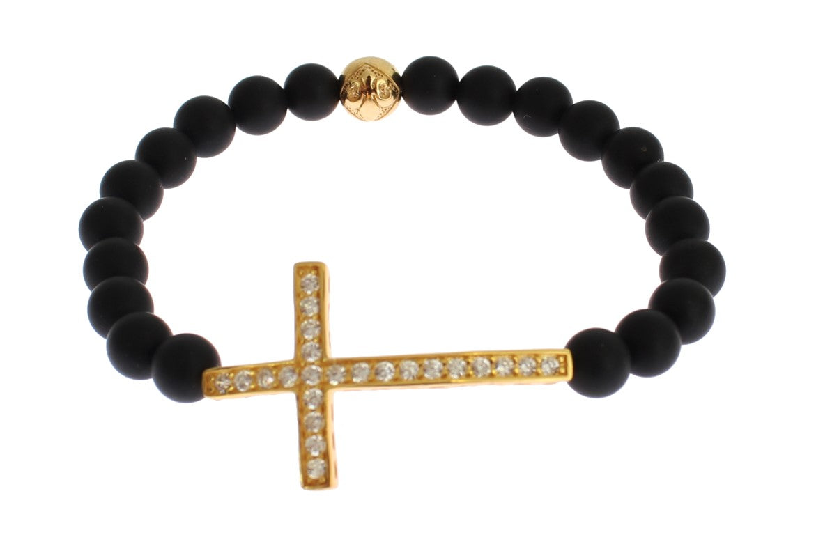 Nialaya Mattes Onyx Stein Gold CZ Kreuz 925 Silber Armband
