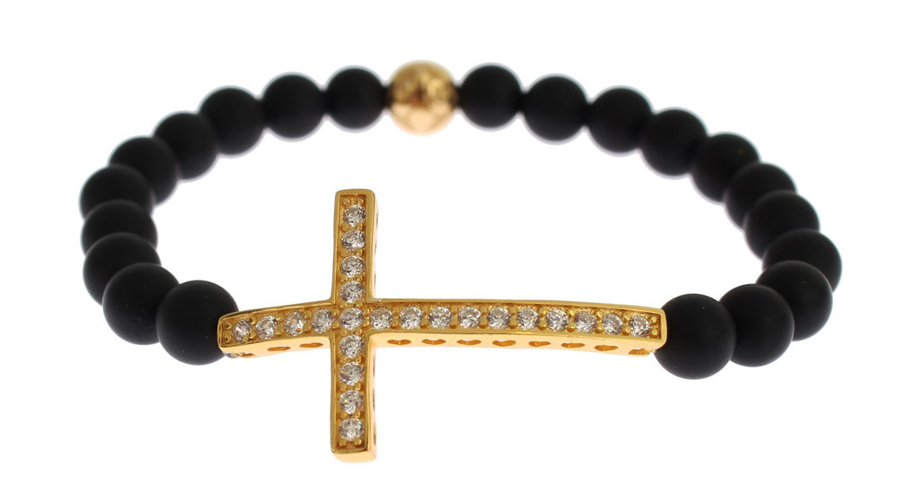 Nialaya Mattes Onyx Stein Gold CZ Kreuz 925 Silber Armband