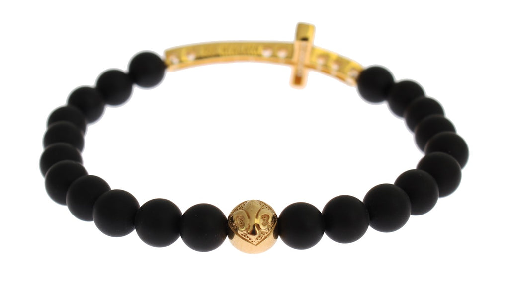 Nialaya Mattes Onyx Stein Gold CZ Kreuz 925 Silber Armband
