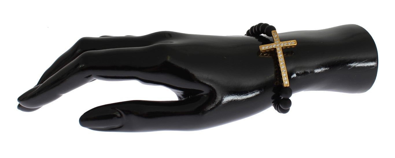 Nialaya Mattes Onyx Stein Gold CZ Kreuz 925 Silber Armband