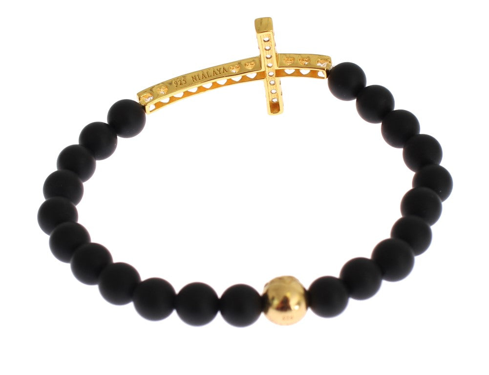 Nialaya Mattes Onyx Stein Gold CZ Kreuz 925 Silber Armband