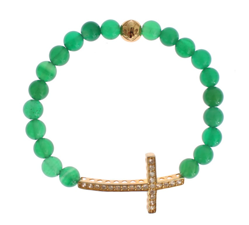 Nialaya Jade Stein Gold CZ Kreuz 925 Silber Armband