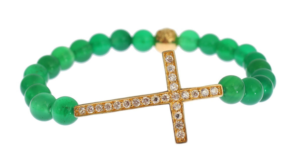 Nialaya Jade Stein Gold CZ Kreuz 925 Silber Armband