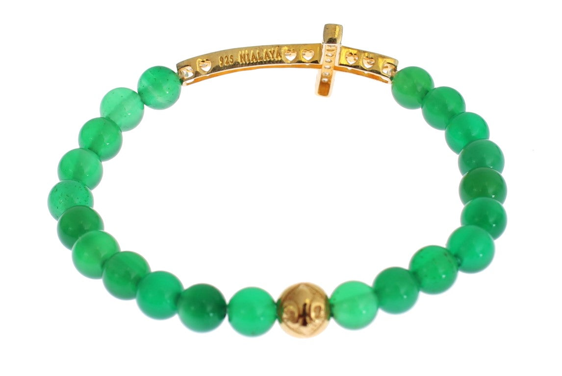 Nialaya Jade Stein Gold CZ Kreuz 925 Silber Armband