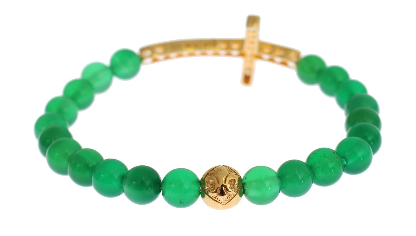 Nialaya Jade Stein Gold CZ Kreuz 925 Silber Armband