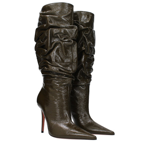 Amina Muaddi Grüne Lederstiefel mit hohem Absatz
