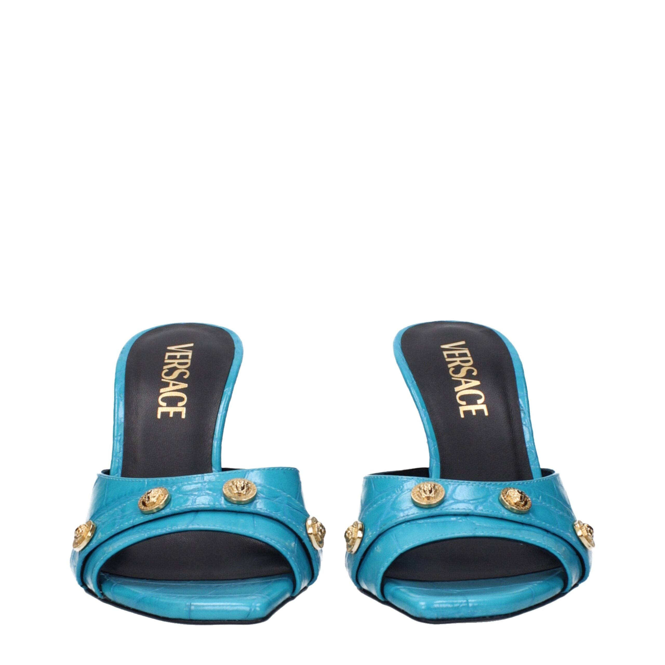 Versace Hellblaue Leder Stiletto Heels Sandalen