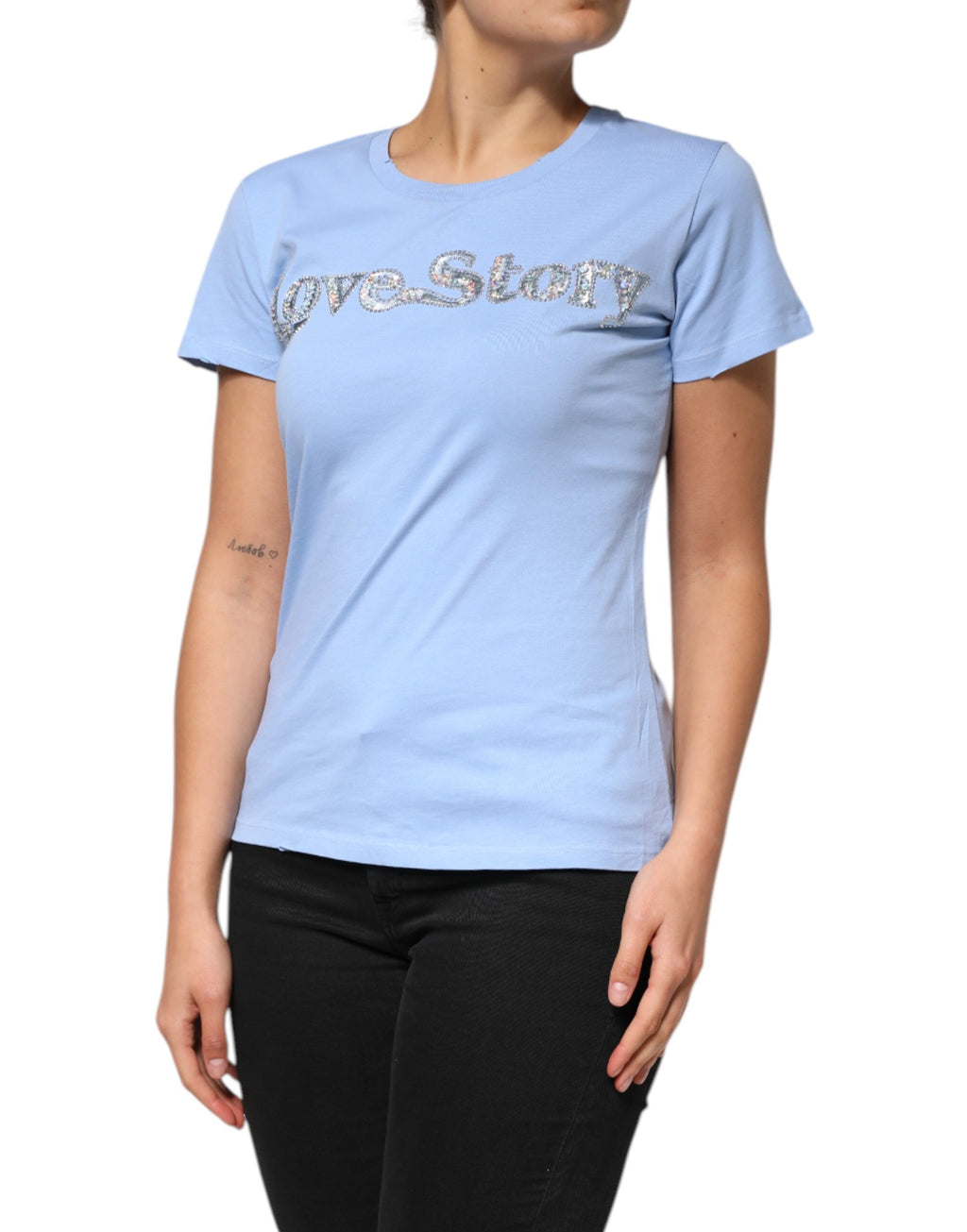 PINKO Blaues Love Story Pailletten verziertes Kurzarm-T-Shirt