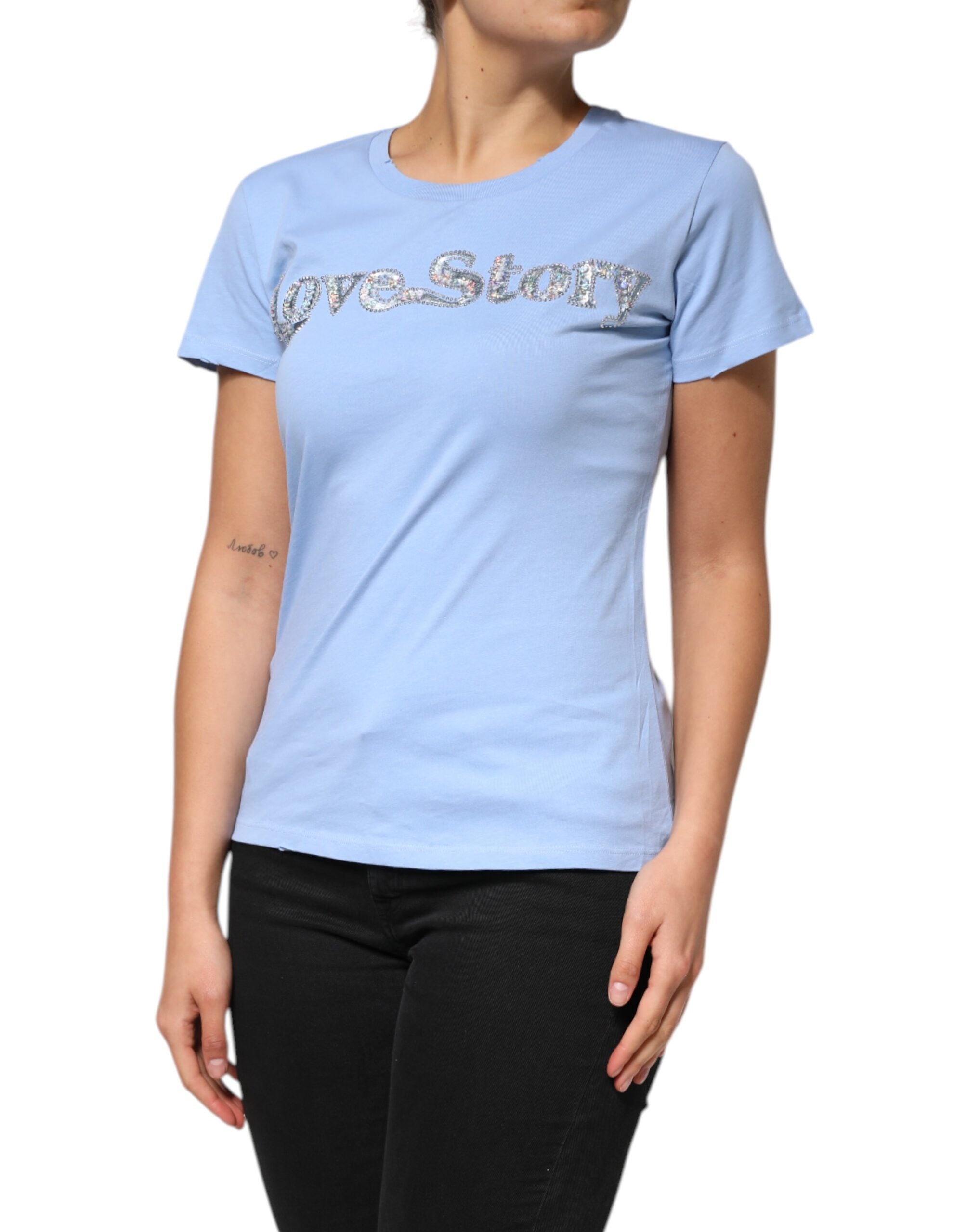 PINKO Blaues Love Story Pailletten verziertes Kurzarm-T-Shirt