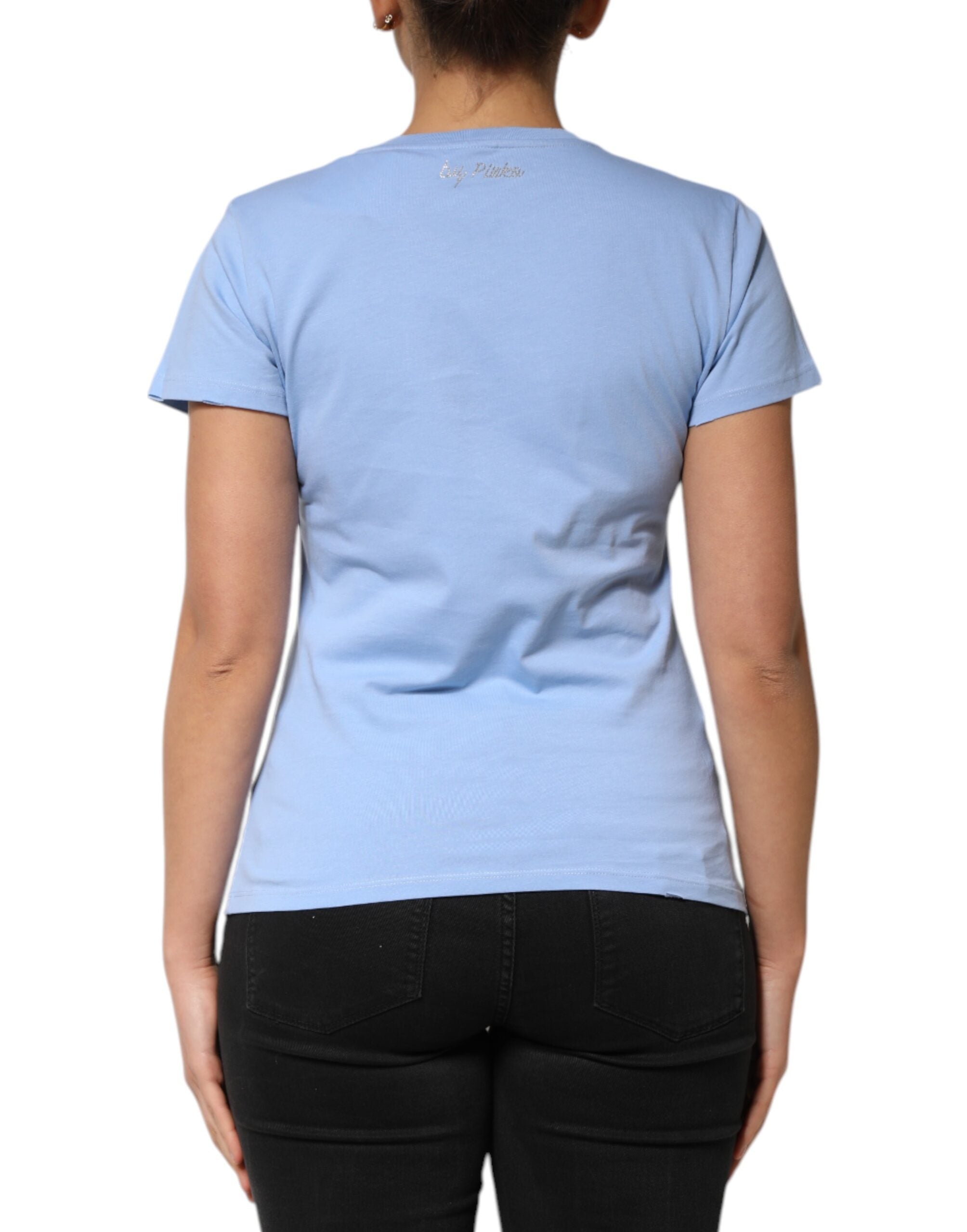 PINKO Blaues Love Story Pailletten verziertes Kurzarm-T-Shirt