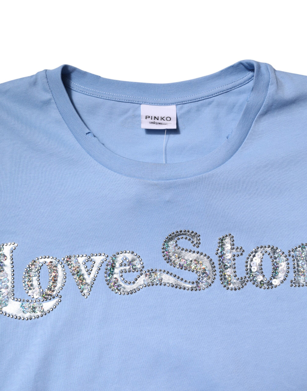 PINKO Blaues Love Story Pailletten verziertes Kurzarm-T-Shirt