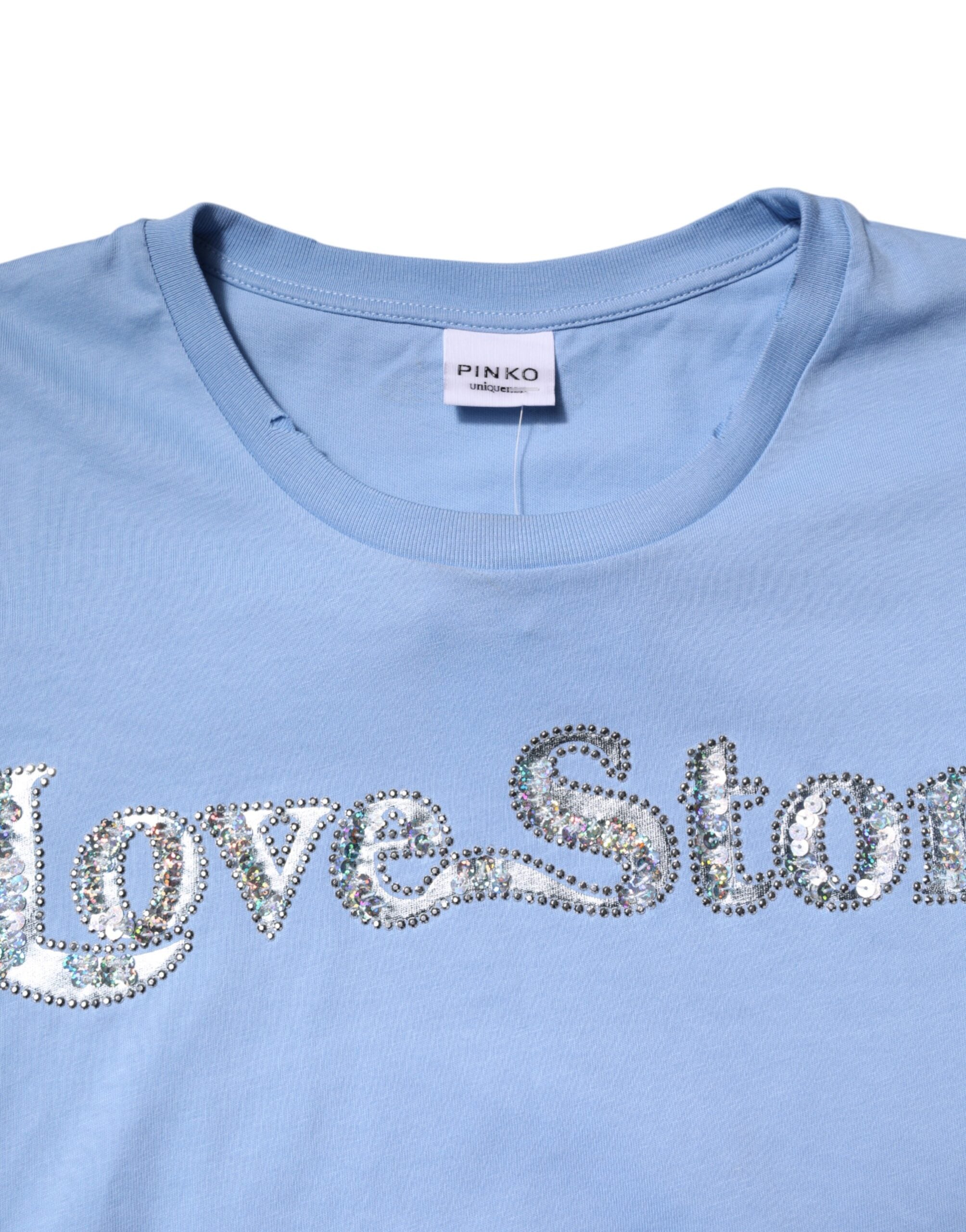PINKO Blaues Love Story Pailletten verziertes Kurzarm-T-Shirt