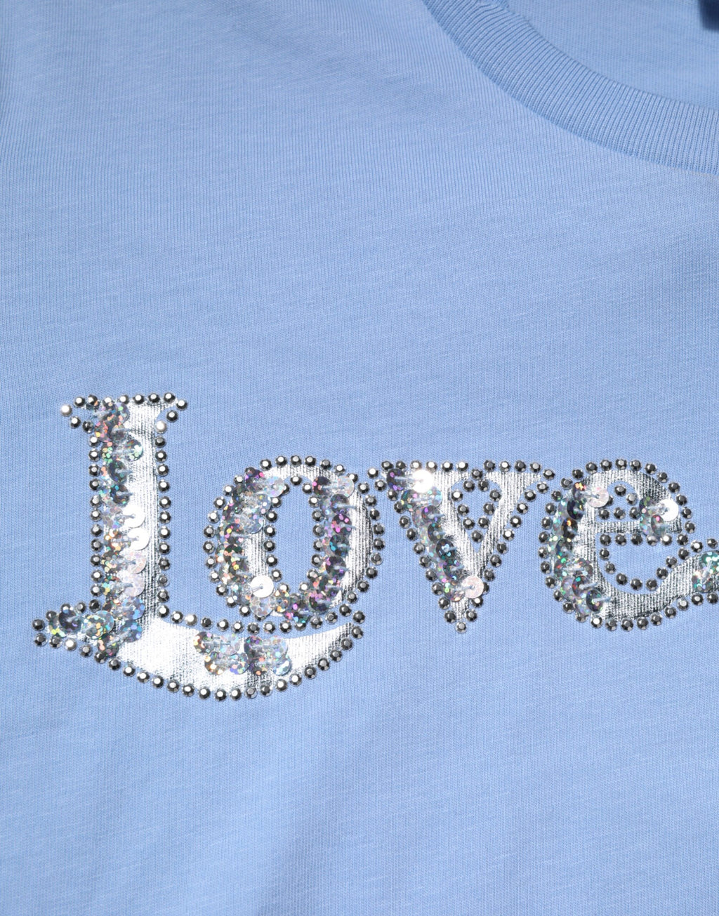 PINKO Blaues Love Story Pailletten verziertes Kurzarm-T-Shirt