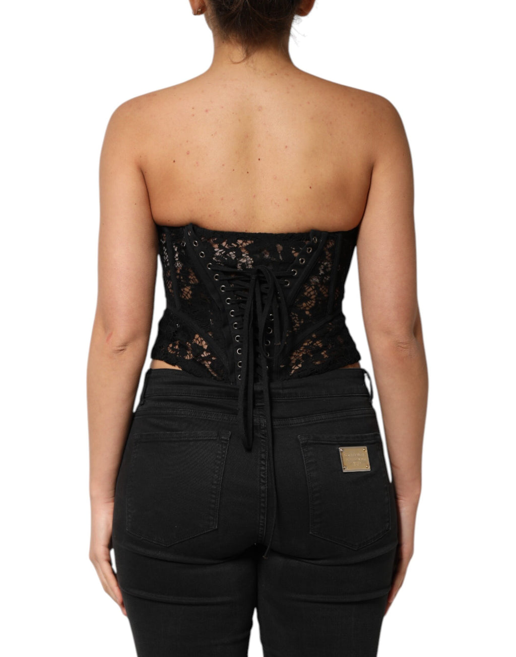 Dolce & Gabbana Schwarzes trägerloses Bustier mit floraler Spitze und Cropped Top