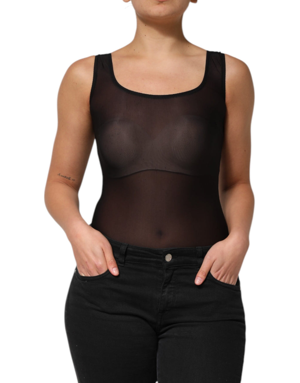 Dolce & Gabbana Schwarzes ärmelloses Nylon-Tank-Top mit Rundhalsausschnitt