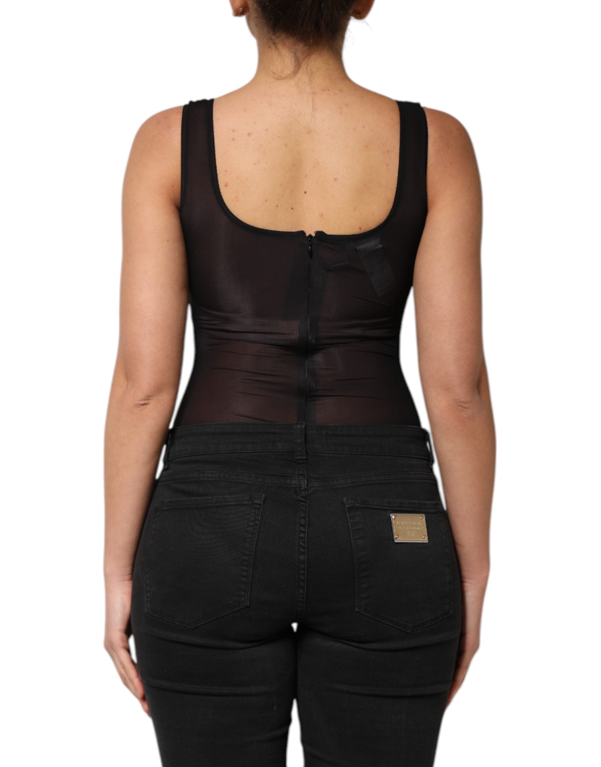 Dolce & Gabbana Schwarzes ärmelloses Nylon-Tank-Top mit Rundhalsausschnitt