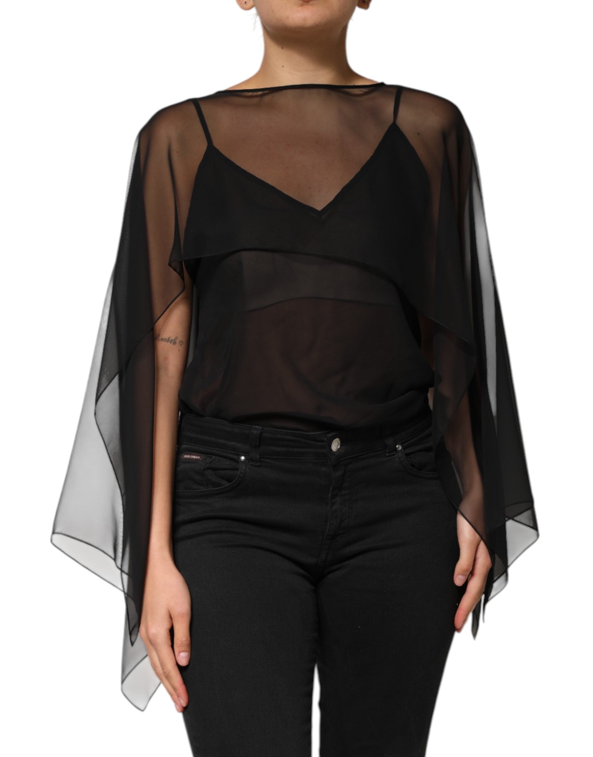 Dolce & Gabbana Schwarzes See-Through-Seiden-Chiffon-Spitzenblusentop