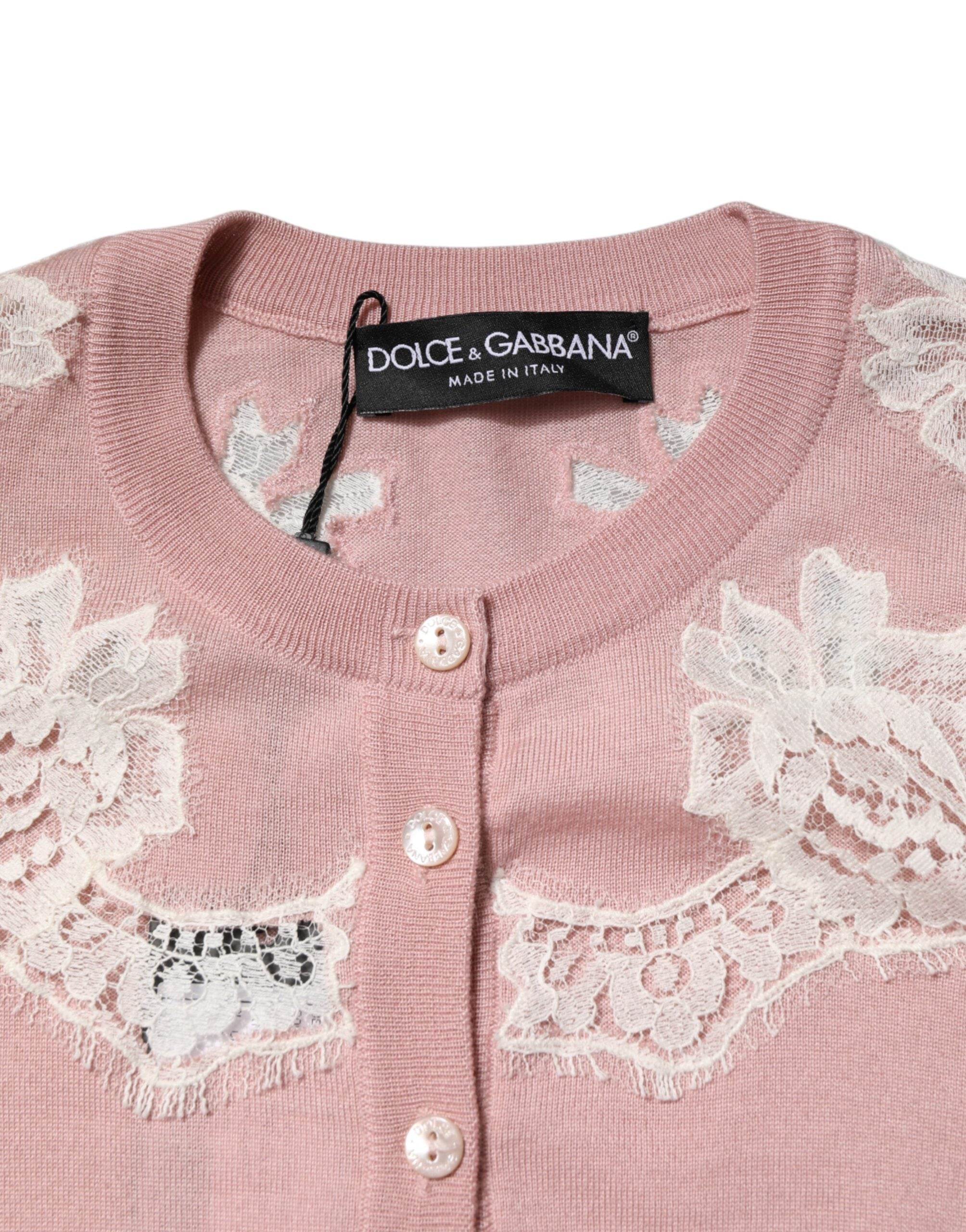 Dolce & Gabbana Rosa Strickjacke mit floralen Spitzenverzierungen