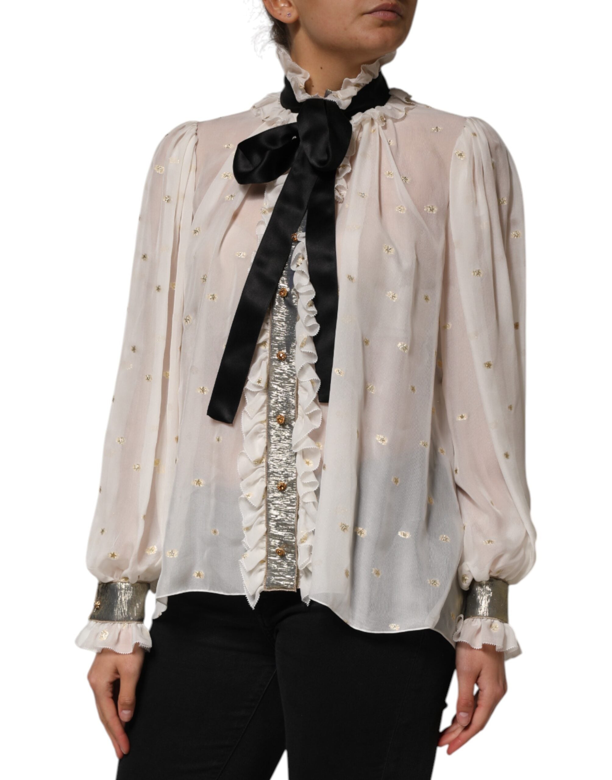 Dolce & Gabbana Weiß Schwarz Seide Langarm Ascot Kragen Top