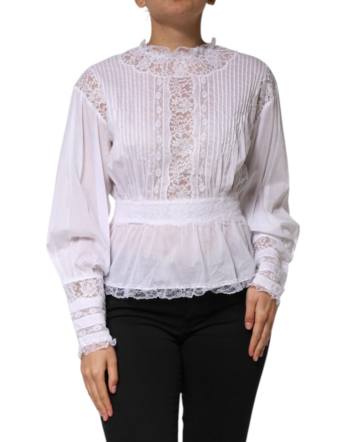 Dolce & Gabbana Wit Katoenen Top Met Bloemenkant En Lange Mouwen