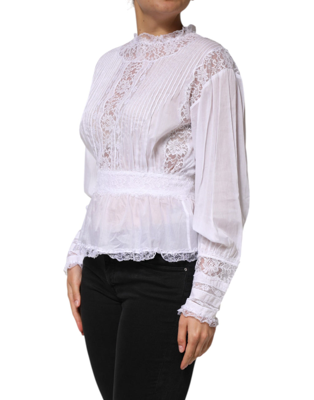 Dolce & Gabbana Wit Katoenen Top Met Bloemenkant En Lange Mouwen