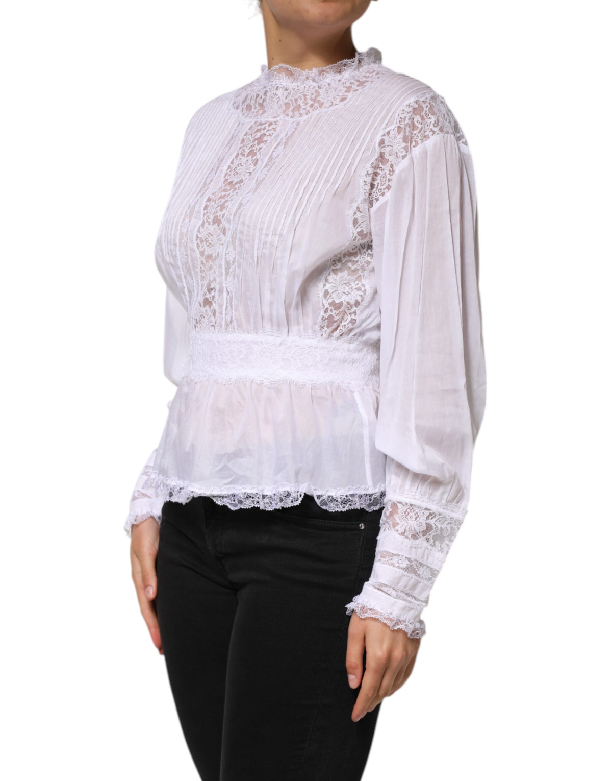 Dolce & Gabbana Wit Katoenen Top Met Bloemenkant En Lange Mouwen