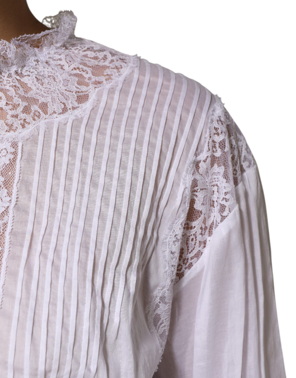 Dolce & Gabbana Wit Katoenen Top Met Bloemenkant En Lange Mouwen