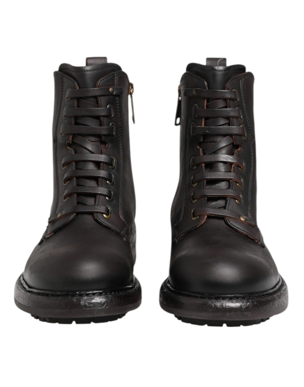 Dolce & Gabbana Dunkelbraune Leder-Schnürstiefel mit mittlerer Wade