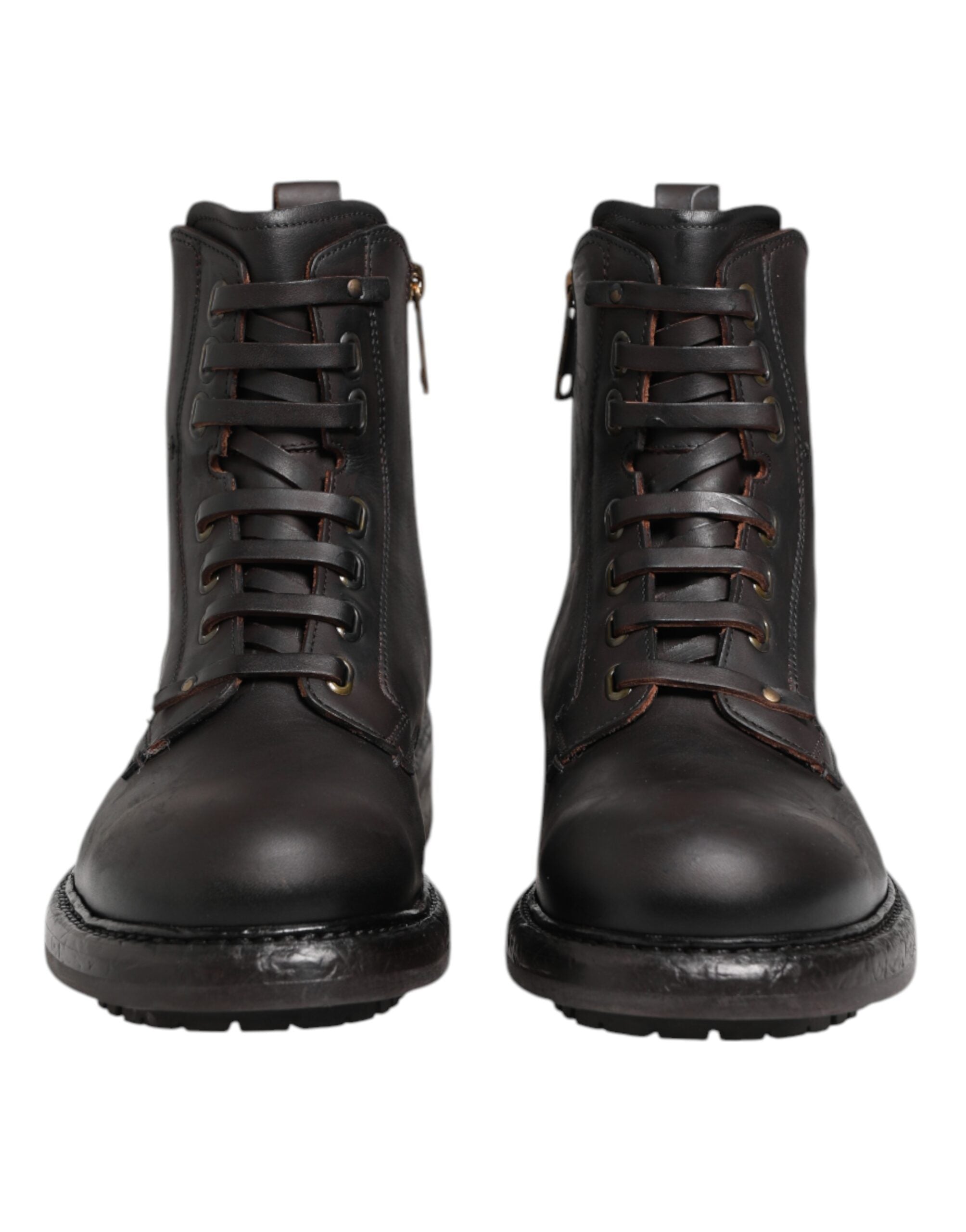 Dolce & Gabbana Dunkelbraune Leder-Schnürstiefel mit mittlerer Wade