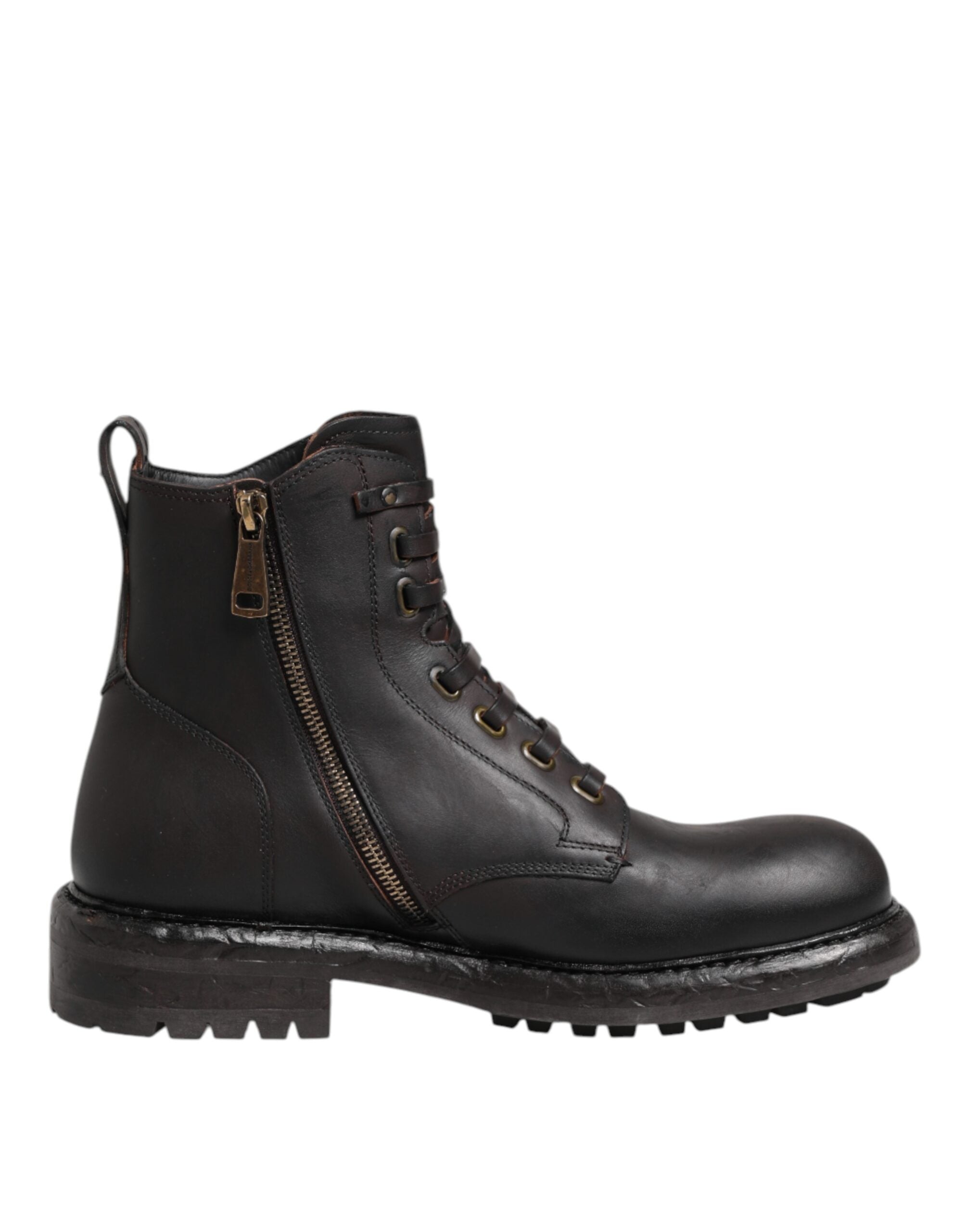 Dolce & Gabbana Dunkelbraune Leder-Schnürstiefel mit mittlerer Wade