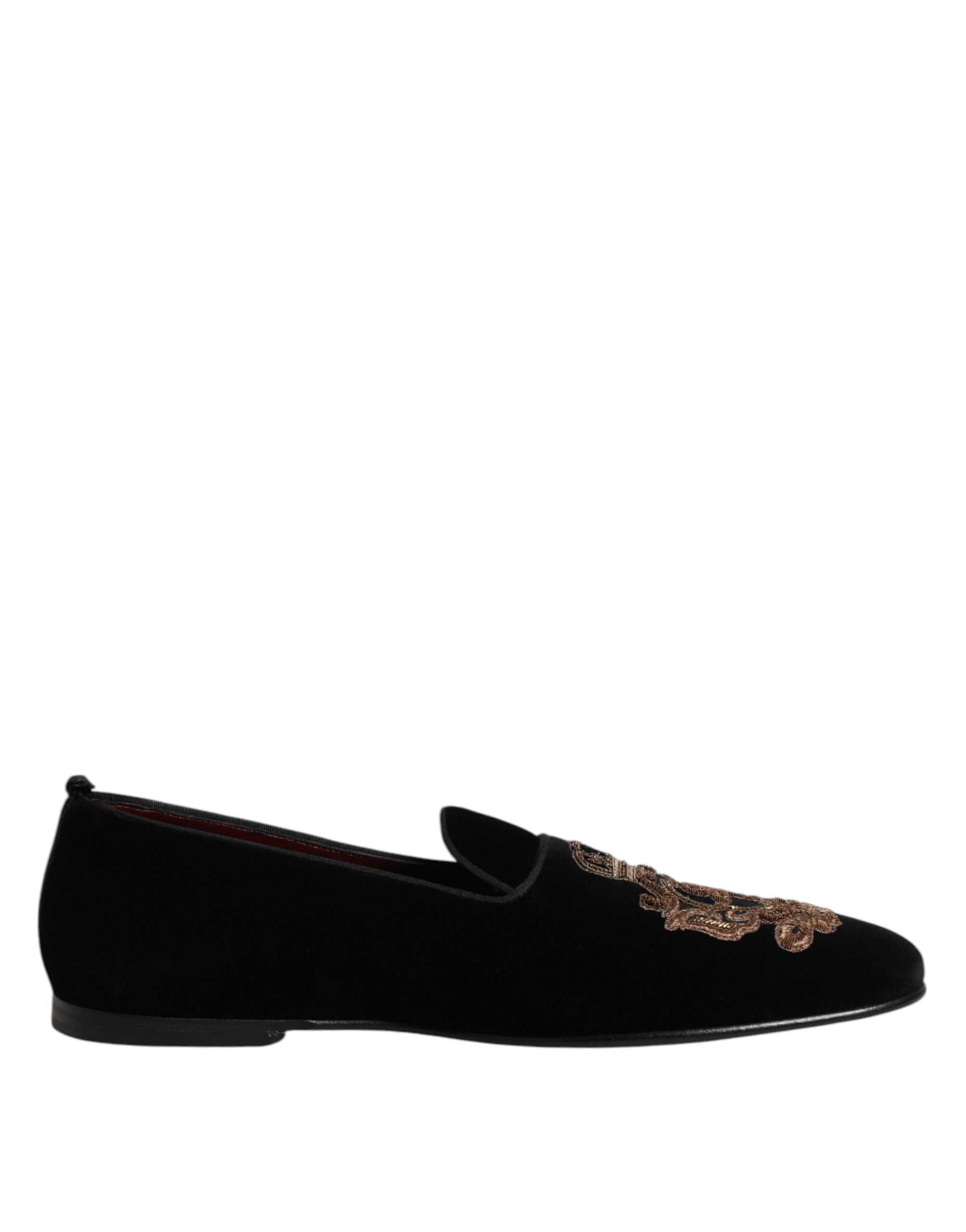 Dolce & Gabbana Schwarzer Samt Gold Crown Herren Loafers Schuhe