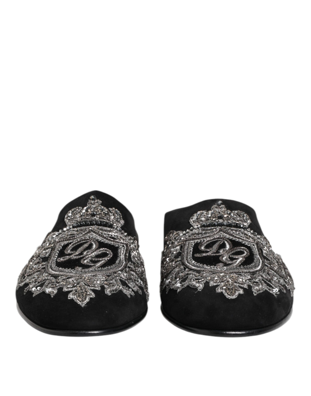 Dolce & Gabbana Schwarzer Samt Slides DG Crown Slipper Schuhe