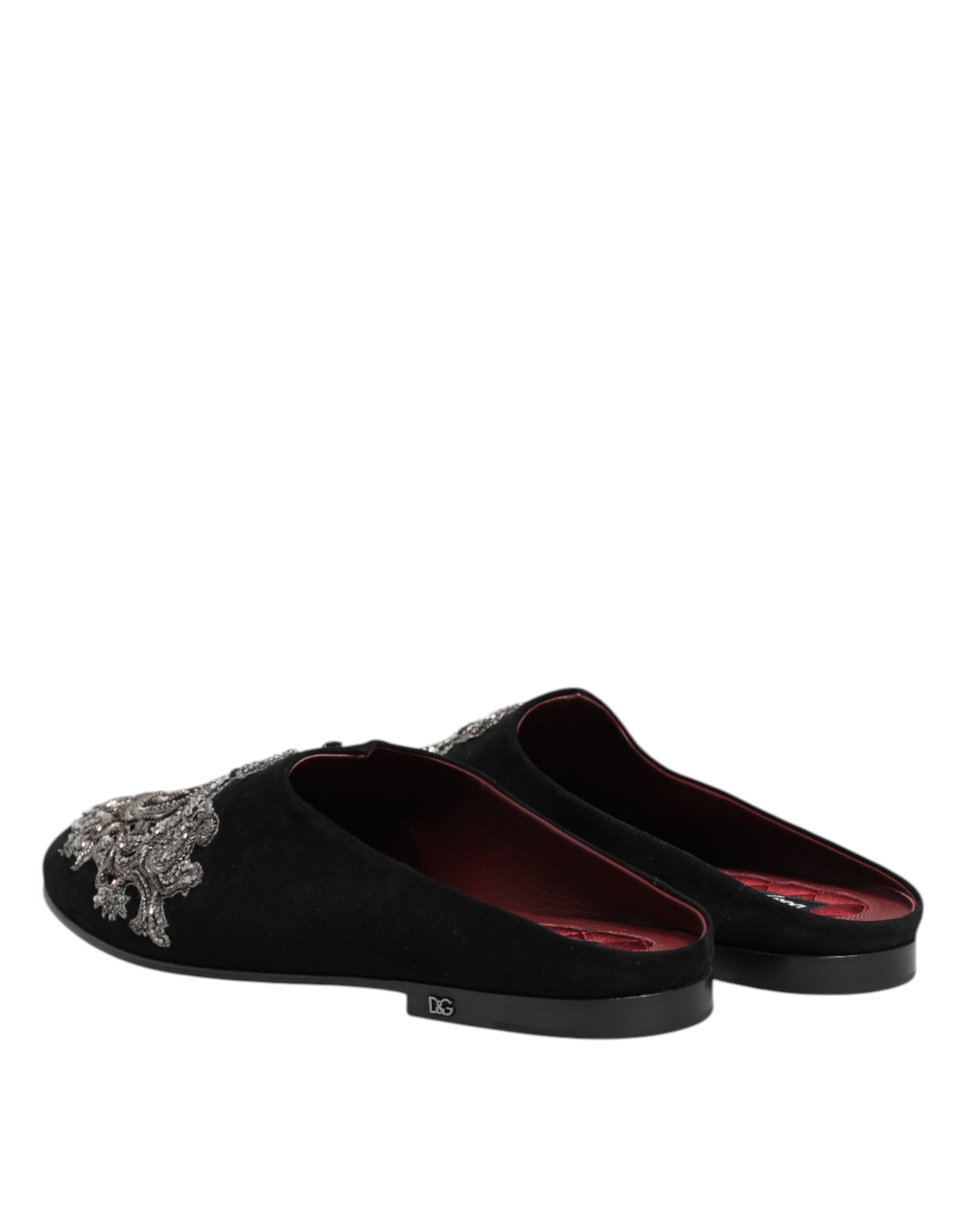 Dolce & Gabbana Schwarzer Samt Slides DG Crown Slipper Schuhe