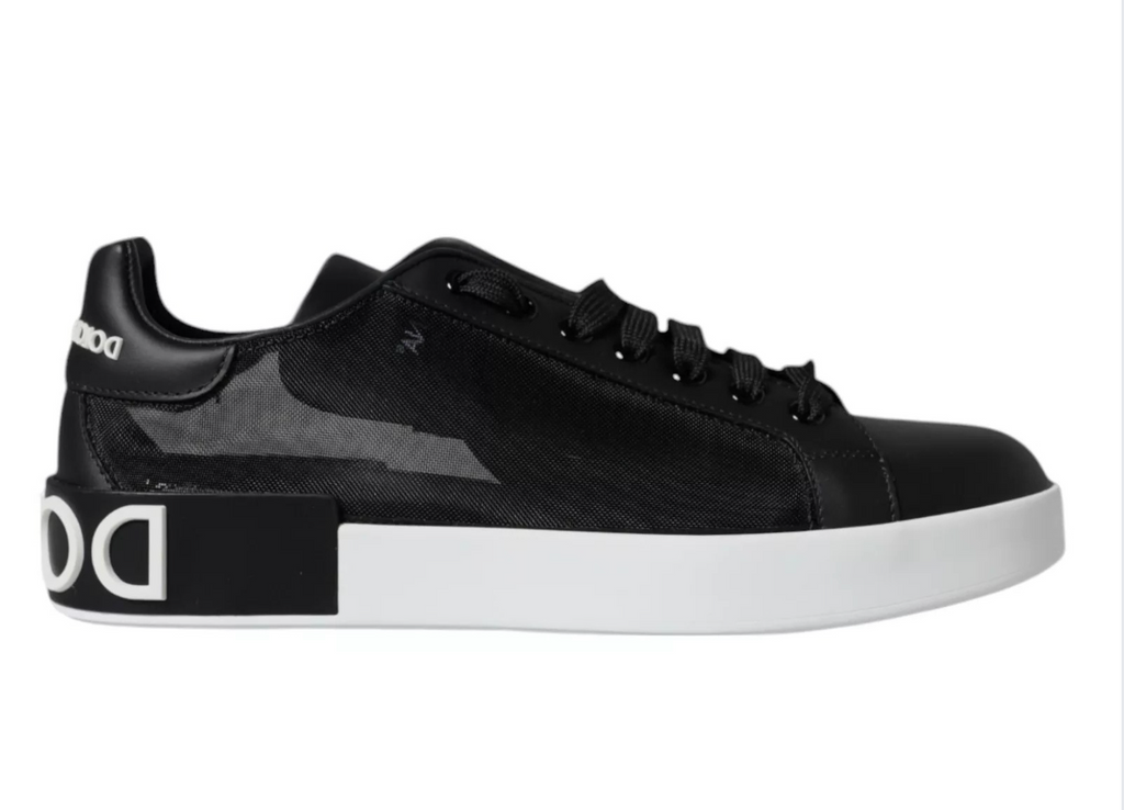 Dolce & Gabbana Schwarzes Kalbsleder Portofino Sneakers Schuhe