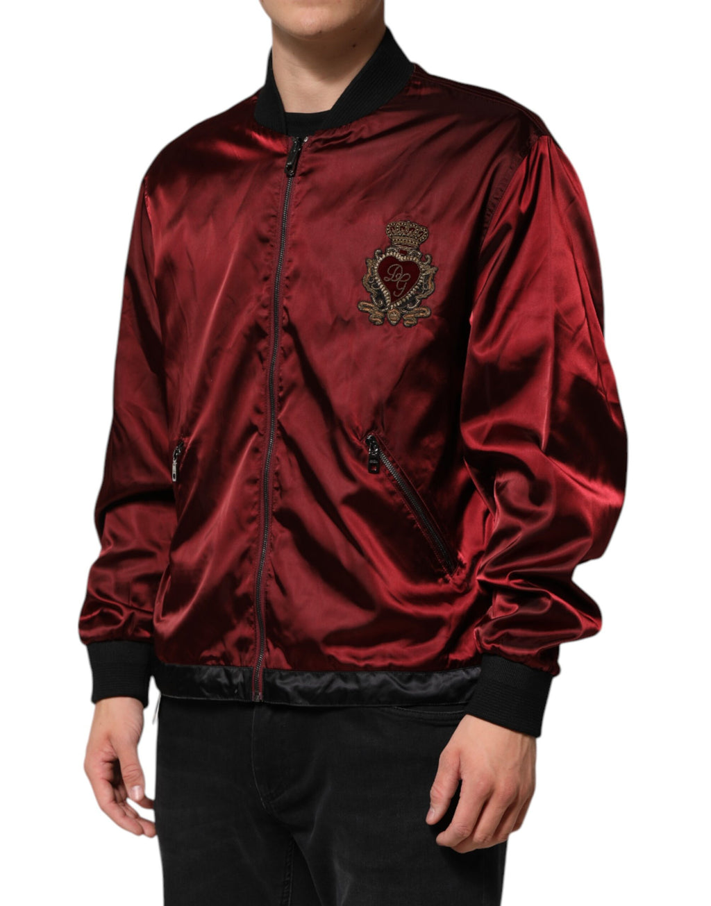 Dolce & Gabbana Maroon Nylon DG Crown Stickerei Jacke
