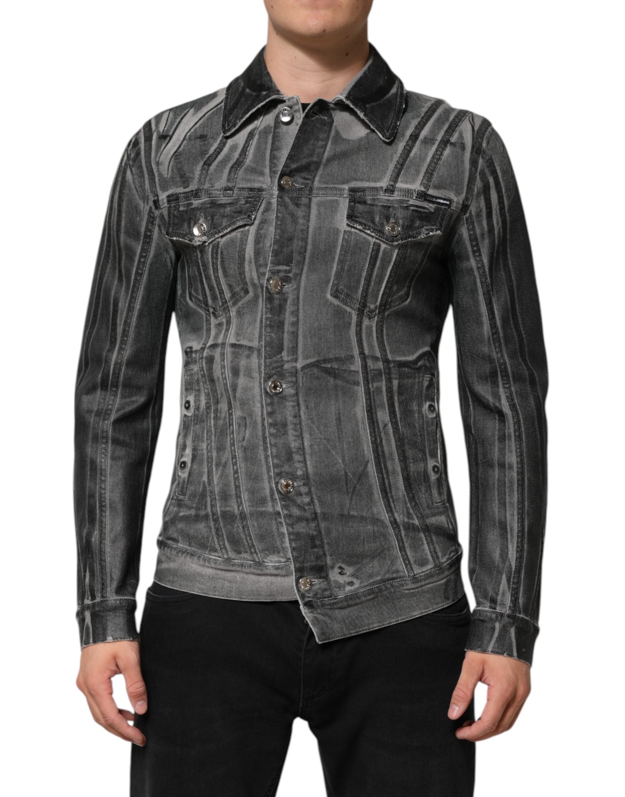 Dolce & Gabbana Graue gewaschene Baumwoll-Stretch-Denim-Jacke